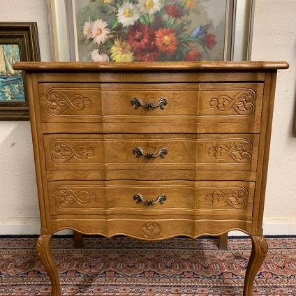 Elegant French Carved Oak Shaped Chest Of Three Drawers - Now Sold