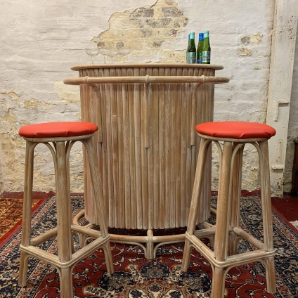 Fabulous Mid Century Shaped Faux Bamboo Bar With Two Stools