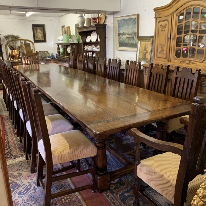 Monumental Oak Four Planked Topped Banqueting Table And Eighteen Matching Chairs