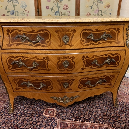 Stunning French Marquetry Inlaid Marble Topped Bombe Commode/chest