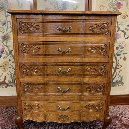 Fabulous French Shaped Carved Oak Chest Of Five Drawers - Now Sold