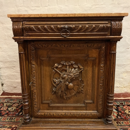 Antique French Carved Oak Mable Top Single Door Cupboard/cabinet Circa 1900 - Now Sold