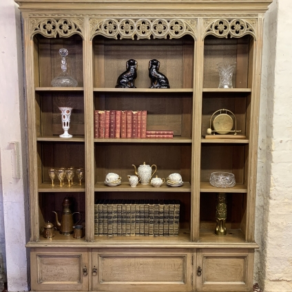 Antique Limed Gothic Large Open Bookcase With Cupboards Below Circa 1900 - Now Sold