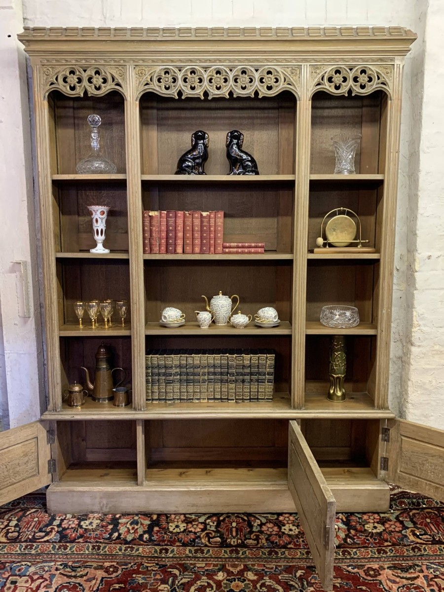 Antique Limed Gothic Large Open Bookcase With Cupboards Below Circa 1900 - Now Sold - Image 11