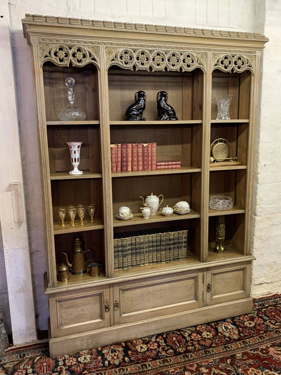 Antique Limed Gothic Large Open Bookcase With Cupboards Below Circa 1900 - Now Sold - Image 14