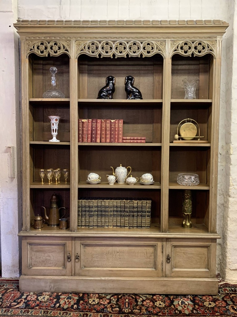 Antique Limed Gothic Large Open Bookcase With Cupboards Below Circa 1900 - Now Sold - Image 15