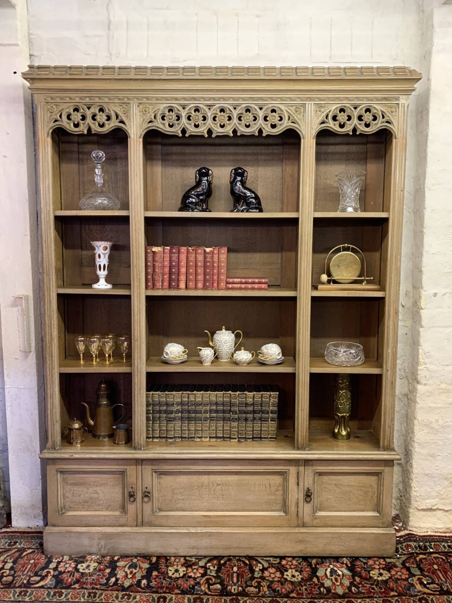 Antique Limed Gothic Large Open Bookcase With Cupboards Below Circa 1900 - Now Sold - Image 2