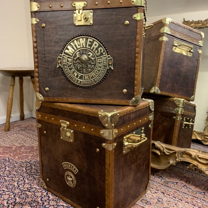 Fabulous Vintage Leather Brass Bound Trunks/end Tables/lamp Tables/bedsides - Now Sold