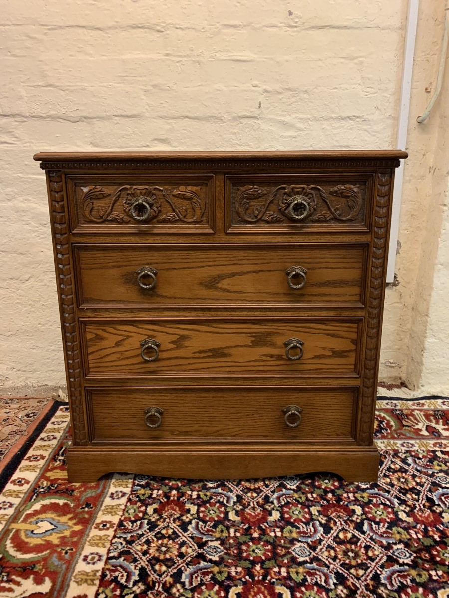 Outstanding Quality Carved Oak Jaycee Chest Of Five Drawers - Now Sold