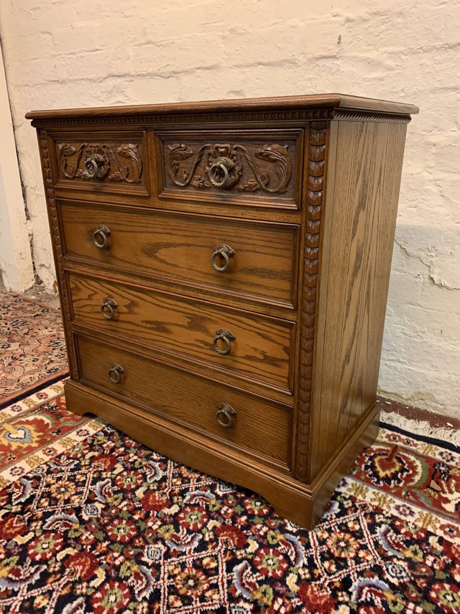 Outstanding Quality Carved Oak Jaycee Chest Of Five Drawers - Now Sold - Image 5