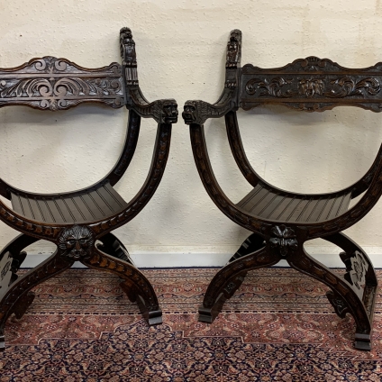 Stunning Near Pair Of Antique French Carved Oak Dagobert Armchairs Circa 1900