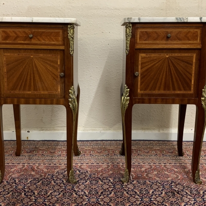 Antique French Louis Xv Inlaid Mahogany & Gilt Marble Top Bedside Cabinets - Now Sold