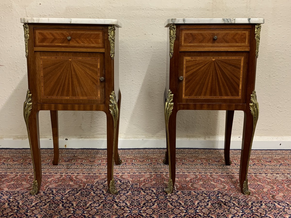 Antique French Louis Xv Inlaid Mahogany & Gilt Marble Top Bedside Cabinets - Now Sold