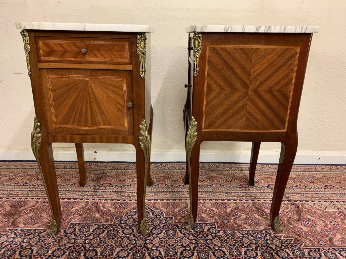 Antique French Louis Xv Inlaid Mahogany & Gilt Marble Top Bedside Cabinets - Now Sold - Image 12