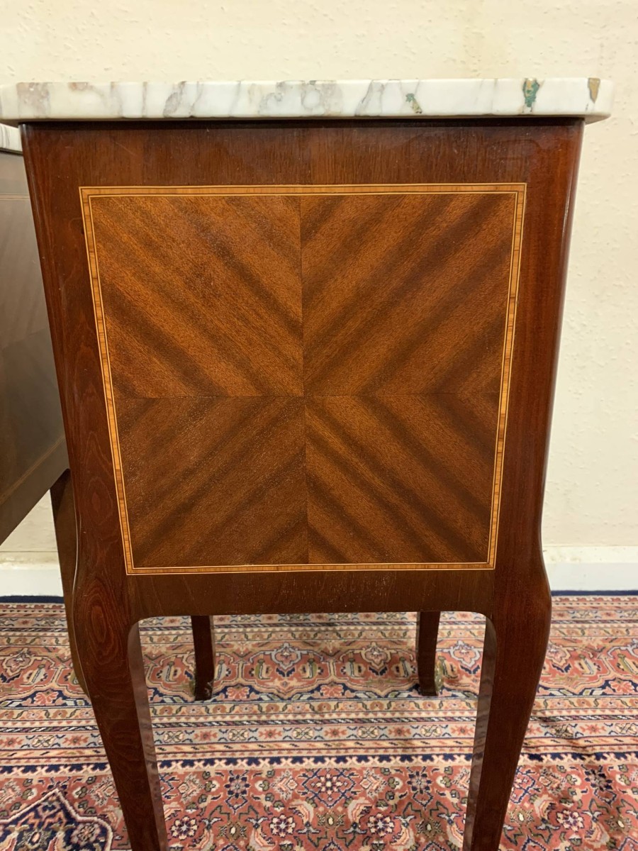 Antique French Louis Xv Inlaid Mahogany & Gilt Marble Top Bedside Cabinets - Now Sold - Image 14