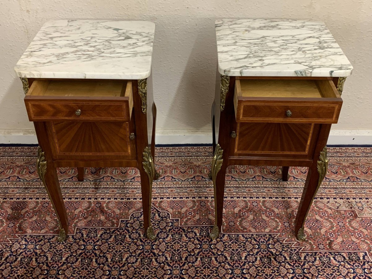 Antique French Louis Xv Inlaid Mahogany & Gilt Marble Top Bedside Cabinets - Now Sold - Image 16
