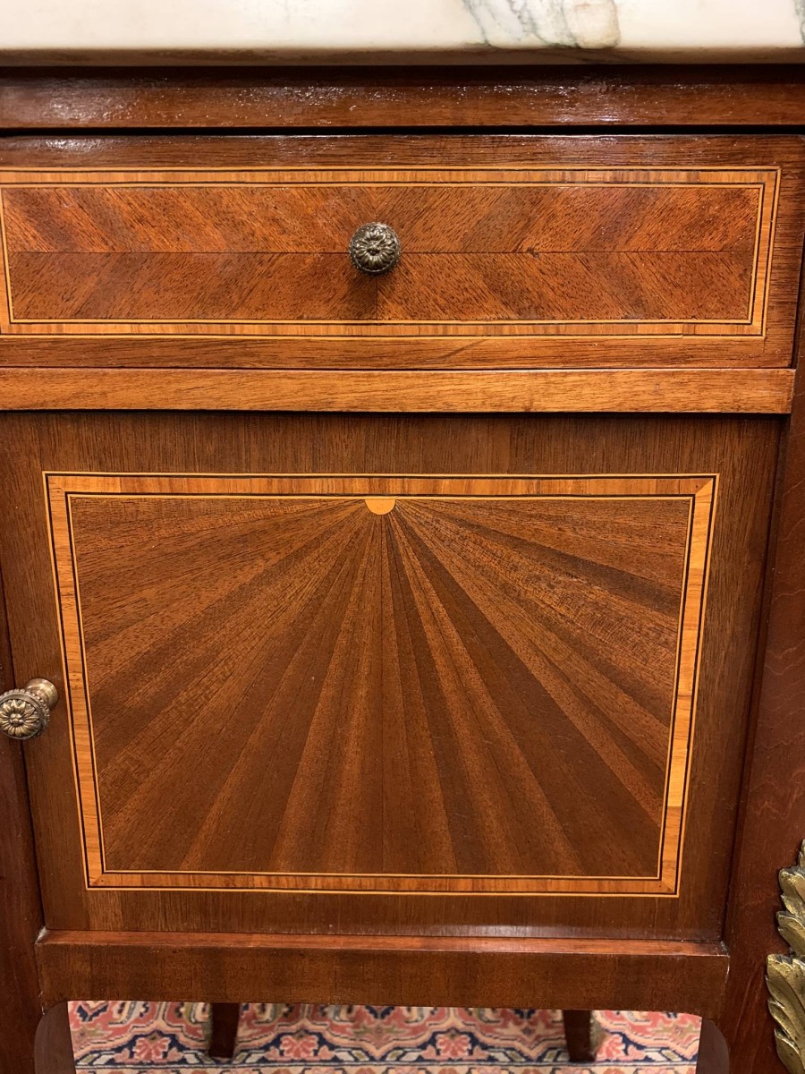 Antique French Louis Xv Inlaid Mahogany & Gilt Marble Top Bedside Cabinets - Now Sold - Image 17