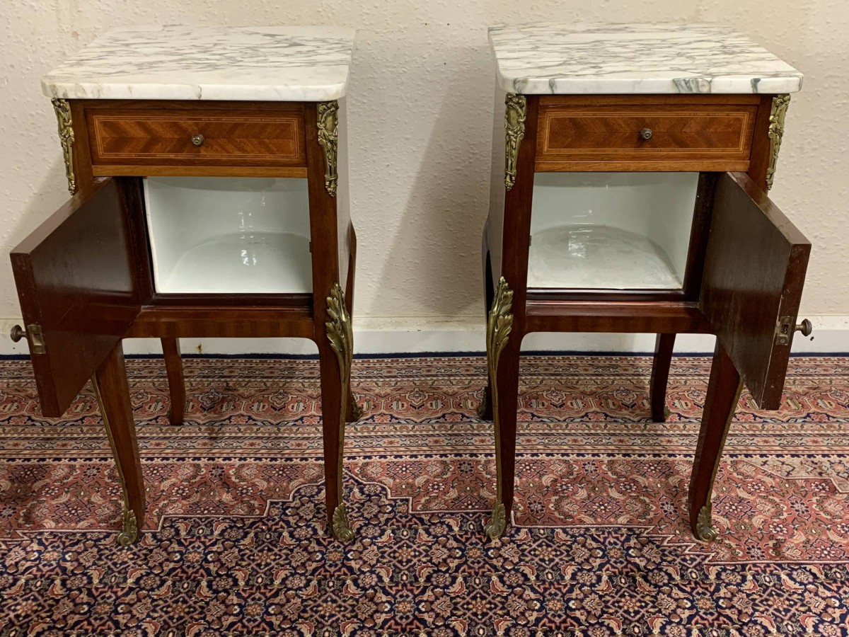 Antique French Louis Xv Inlaid Mahogany & Gilt Marble Top Bedside Cabinets - Now Sold - Image 2