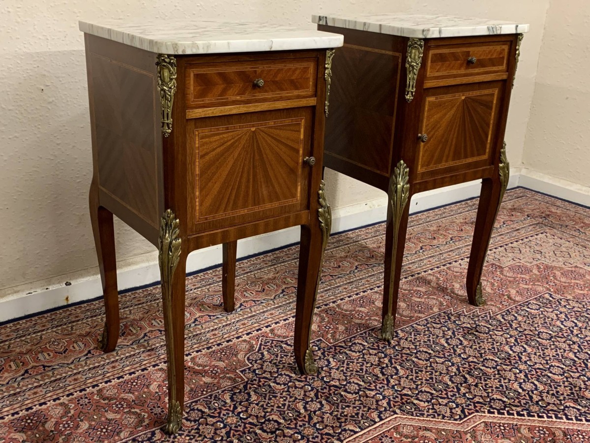 Antique French Louis Xv Inlaid Mahogany & Gilt Marble Top Bedside Cabinets - Now Sold - Image 3