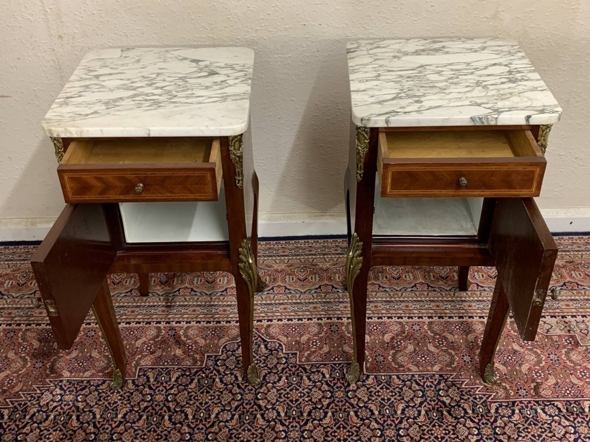 Antique French Louis Xv Inlaid Mahogany & Gilt Marble Top Bedside Cabinets - Now Sold - Image 4