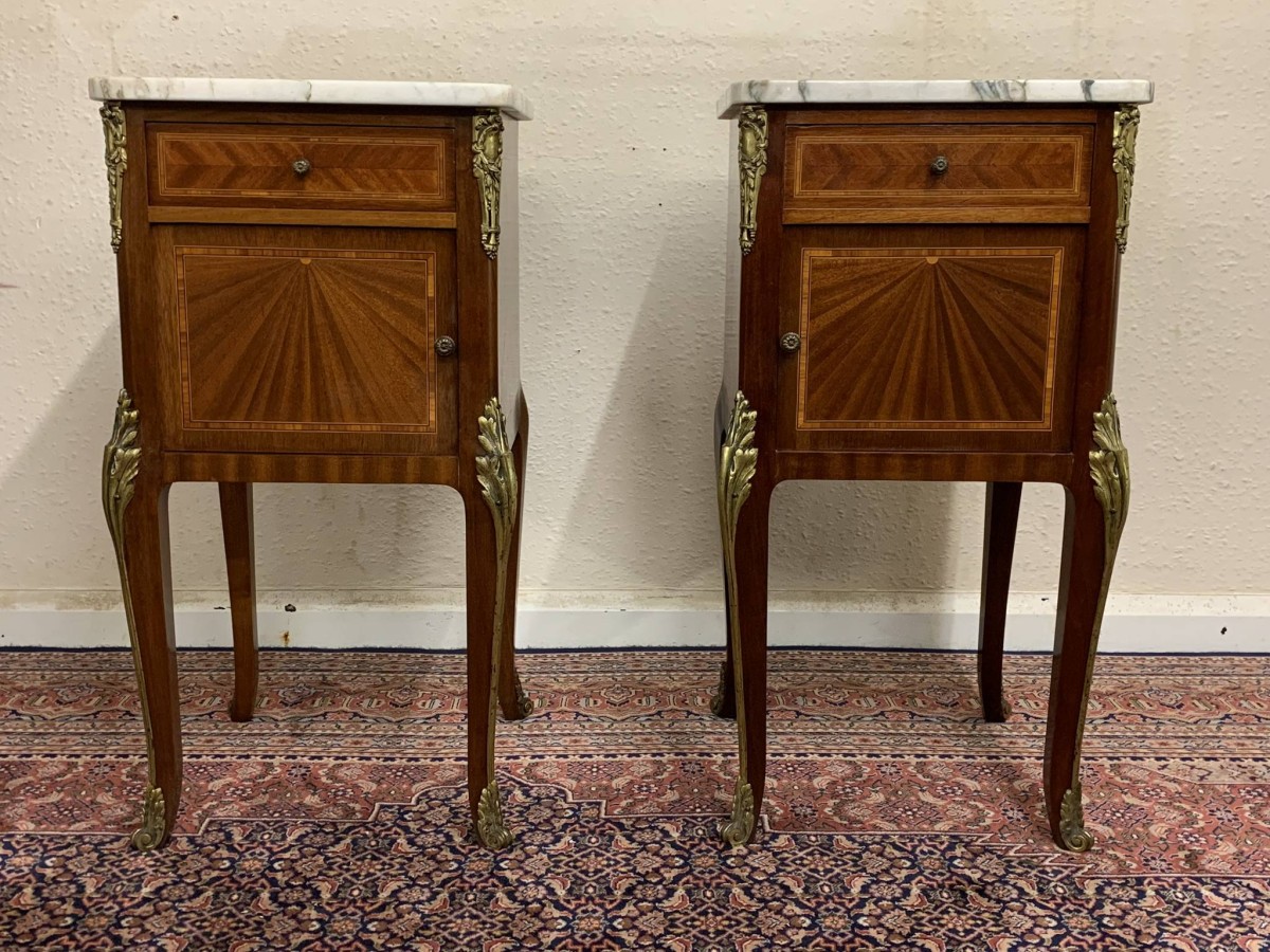 Antique French Louis Xv Inlaid Mahogany & Gilt Marble Top Bedside Cabinets - Now Sold - Image 7