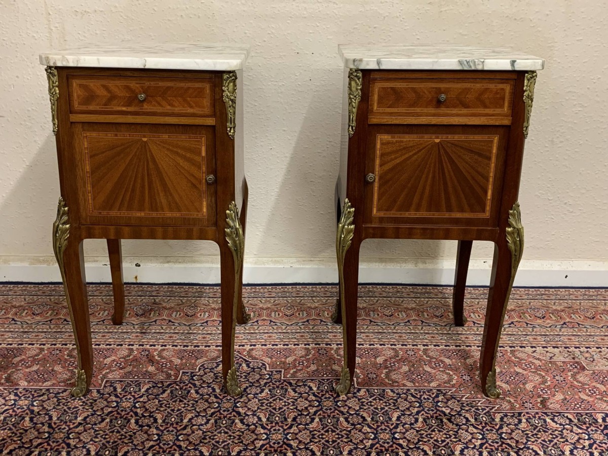 Antique French Louis Xv Inlaid Mahogany & Gilt Marble Top Bedside Cabinets - Now Sold - Image 8
