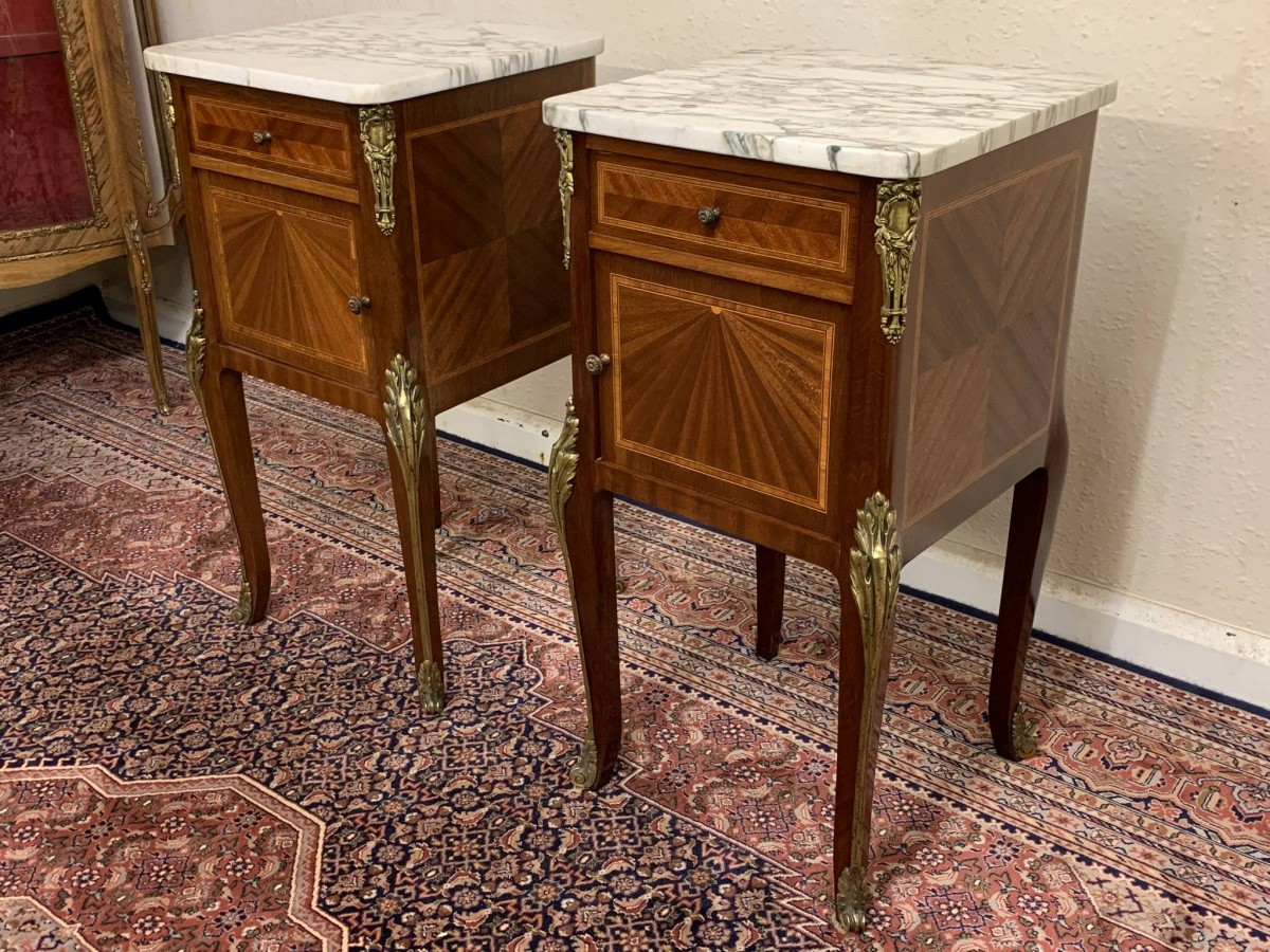 Antique French Louis Xv Inlaid Mahogany & Gilt Marble Top Bedside Cabinets - Now Sold - Image 9