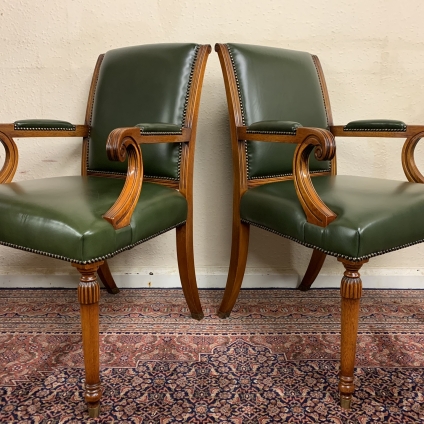 Quality Pair Of Bevan Funnell/reprodux Antique Green Leather Library Chairs - Now Sold