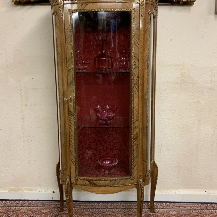 Elgant French Shaped Glazed Walnut Vitrine With Gilt Decoration Circa 1950