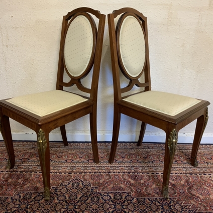 French Pair Of Antique Inlaid Mahogany Chairs With Brass Mounts Circa 1880