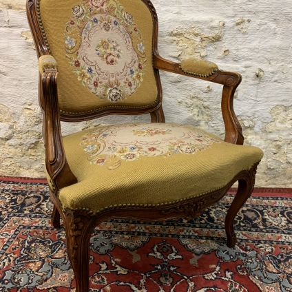 Antique French Carved Walnut Needlepoint Armchair/salon Chair Circa 1930 - Now Sold