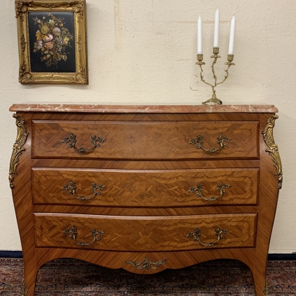 Stunning French Louis Xv Marble Topped Marquetry Inlaid Bombe Commode/chest Circa 1920