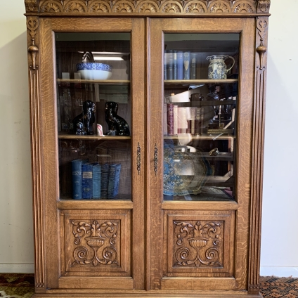 Outstanding Quality Carved Oak Glazed Two Door Bookcase Circa 1900- Now Sold