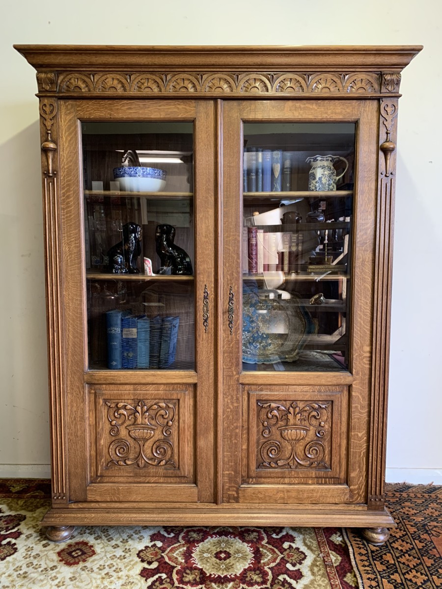 Outstanding Quality Carved Oak Glazed Two Door Bookcase Circa 1900- Now Sold