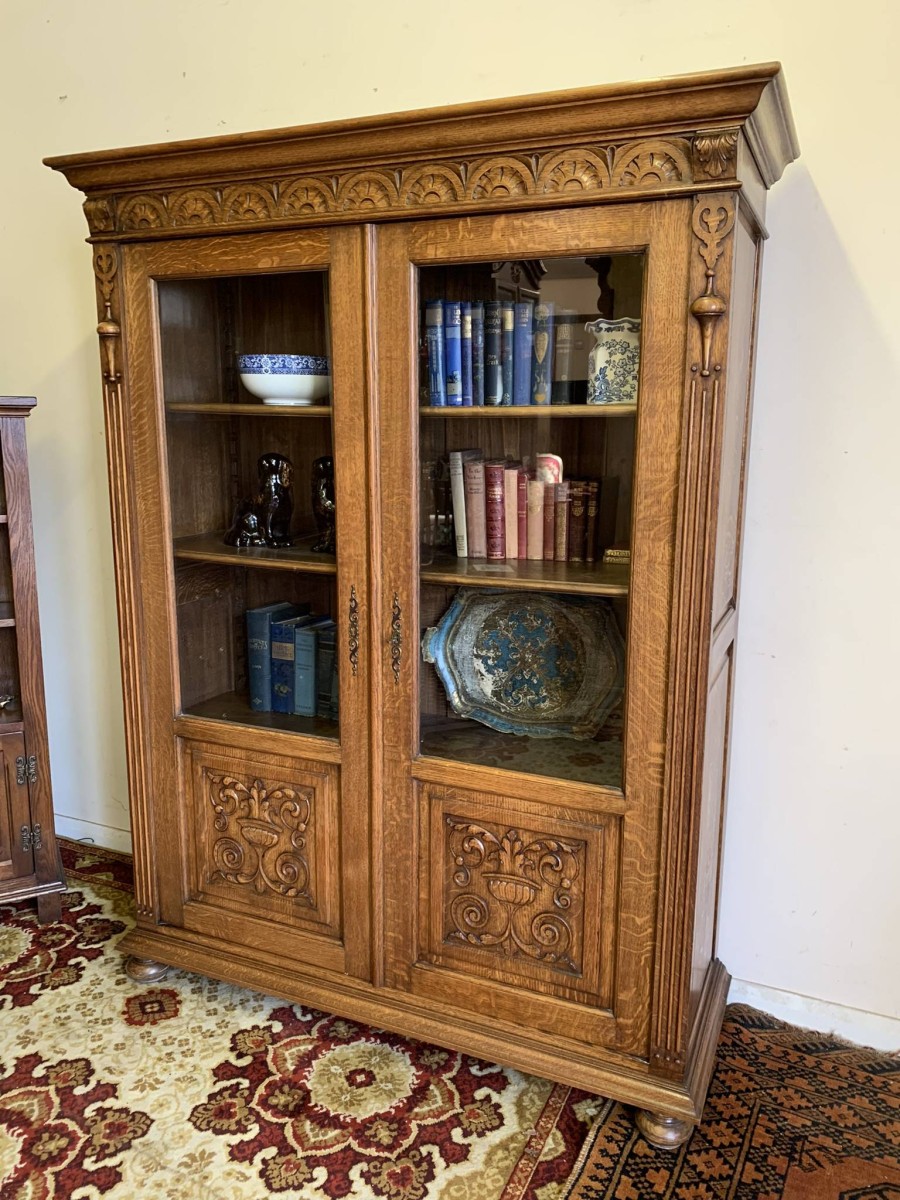 Outstanding Quality Carved Oak Glazed Two Door Bookcase Circa 1900- Now Sold - Image 15