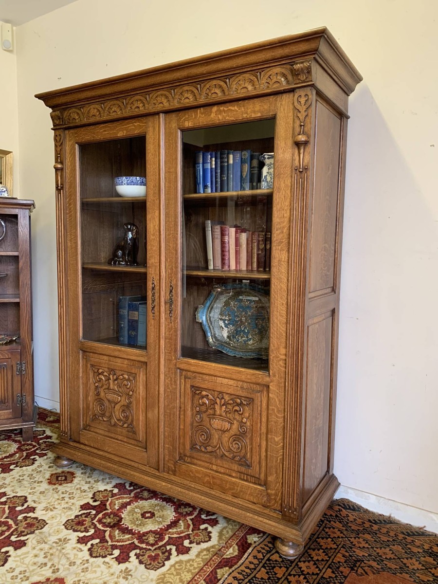Outstanding Quality Carved Oak Glazed Two Door Bookcase Circa 1900- Now Sold - Image 3