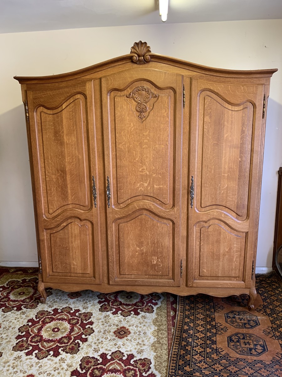 Outstanding Quality French Carved Oak Three Door Armoire/wardrobe