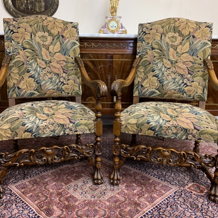 Fabulous Pair Of French Carved Walnut Throne Chairs/armchairs Circa 1930