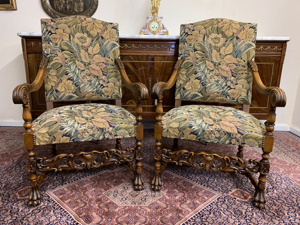 Fabulous Pair Of French Carved Walnut Throne Chairs/armchairs Circa 1930