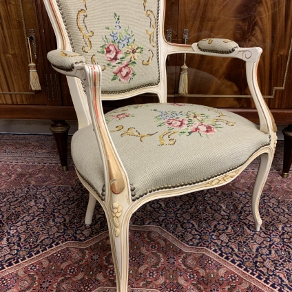 Beautiful French Carved White And Gilt Needlepoint Armchair - Now Sold