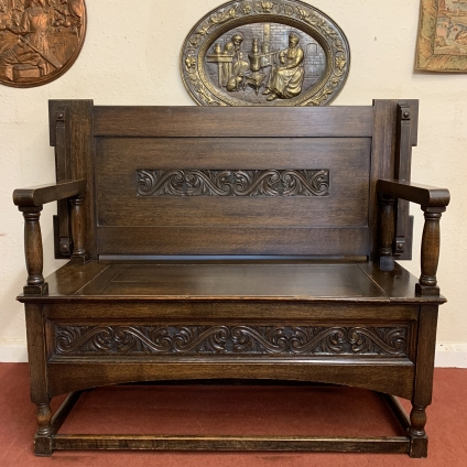 Outstanding Quality Antique Carved Oak Monks Bench/seat/settle Circa 1920