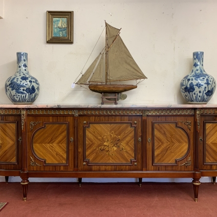 French Shaped Marquetry Inlaid Walnut & Ormolu Marble Top Credenza/sideboard