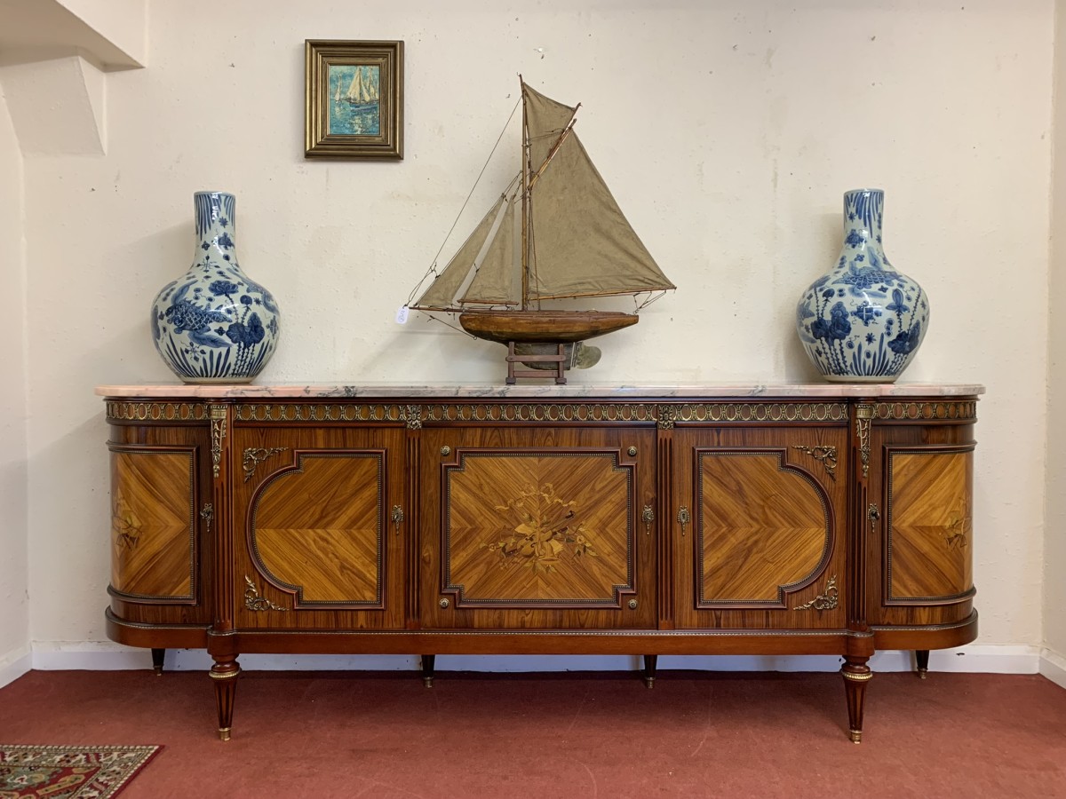 French Shaped Marquetry Inlaid Walnut & Ormolu Marble Top Credenza/sideboard - Image 11