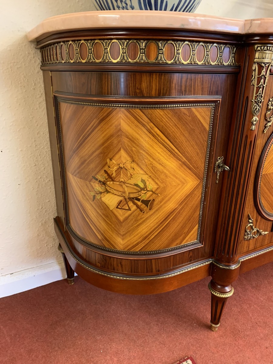 French Shaped Marquetry Inlaid Walnut & Ormolu Marble Top Credenza/sideboard - Image 12