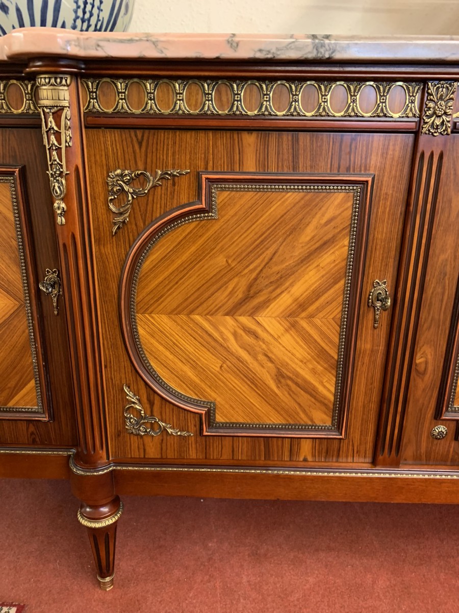 French Shaped Marquetry Inlaid Walnut & Ormolu Marble Top Credenza/sideboard - Image 13