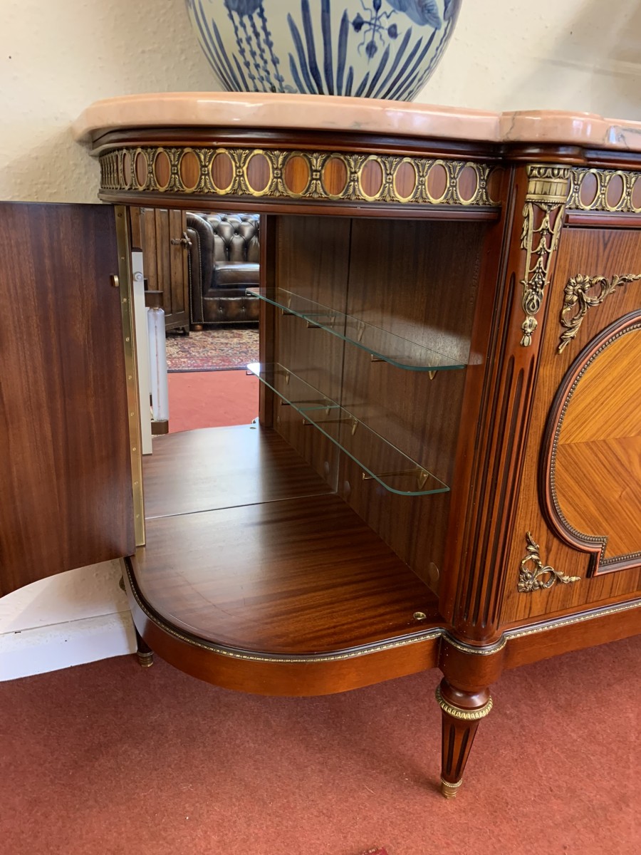 French Shaped Marquetry Inlaid Walnut & Ormolu Marble Top Credenza/sideboard - Image 14