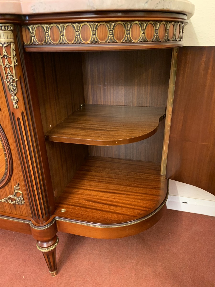 French Shaped Marquetry Inlaid Walnut & Ormolu Marble Top Credenza/sideboard - Image 15