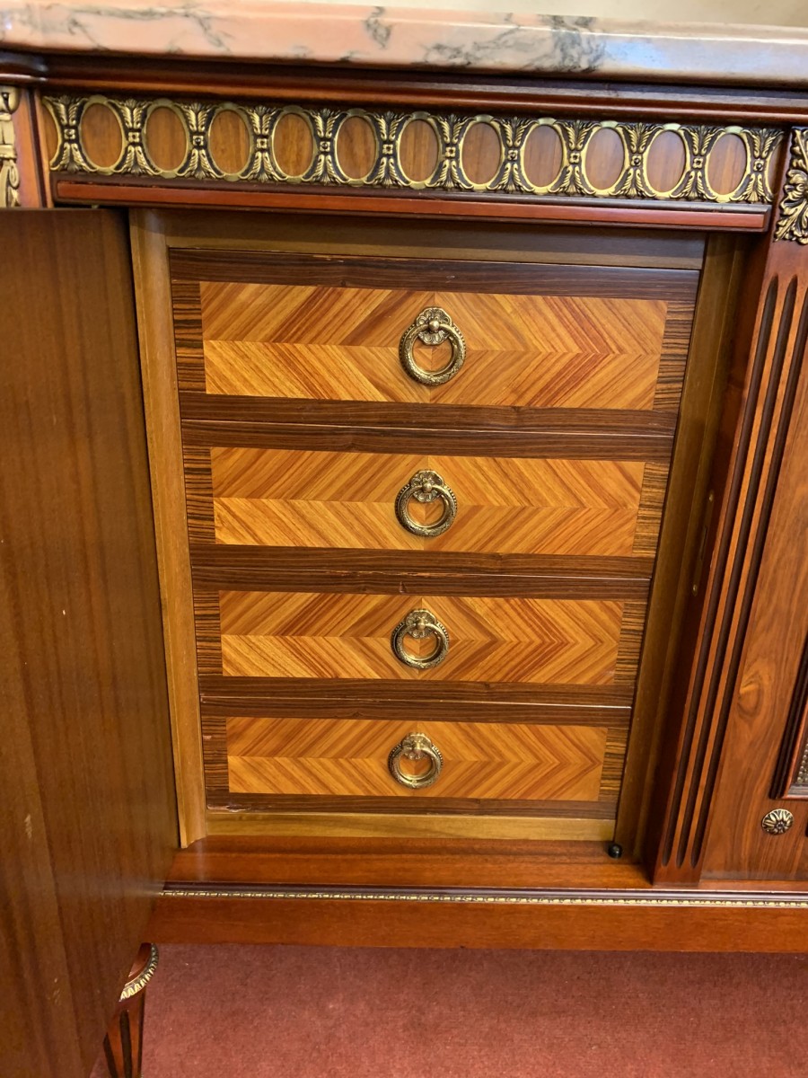 French Shaped Marquetry Inlaid Walnut & Ormolu Marble Top Credenza/sideboard - Image 16