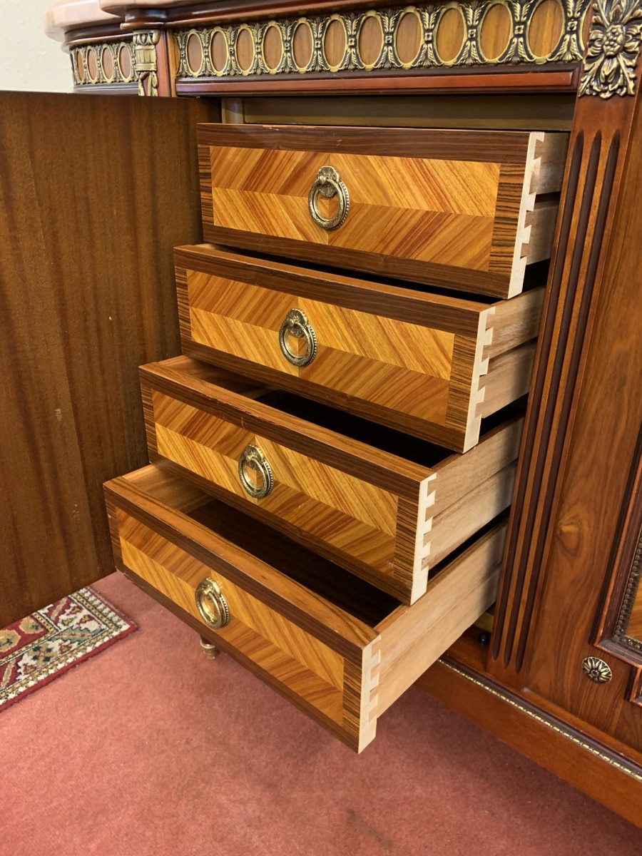 French Shaped Marquetry Inlaid Walnut & Ormolu Marble Top Credenza/sideboard - Image 17