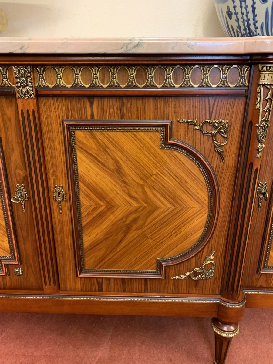 French Shaped Marquetry Inlaid Walnut & Ormolu Marble Top Credenza/sideboard - Image 18